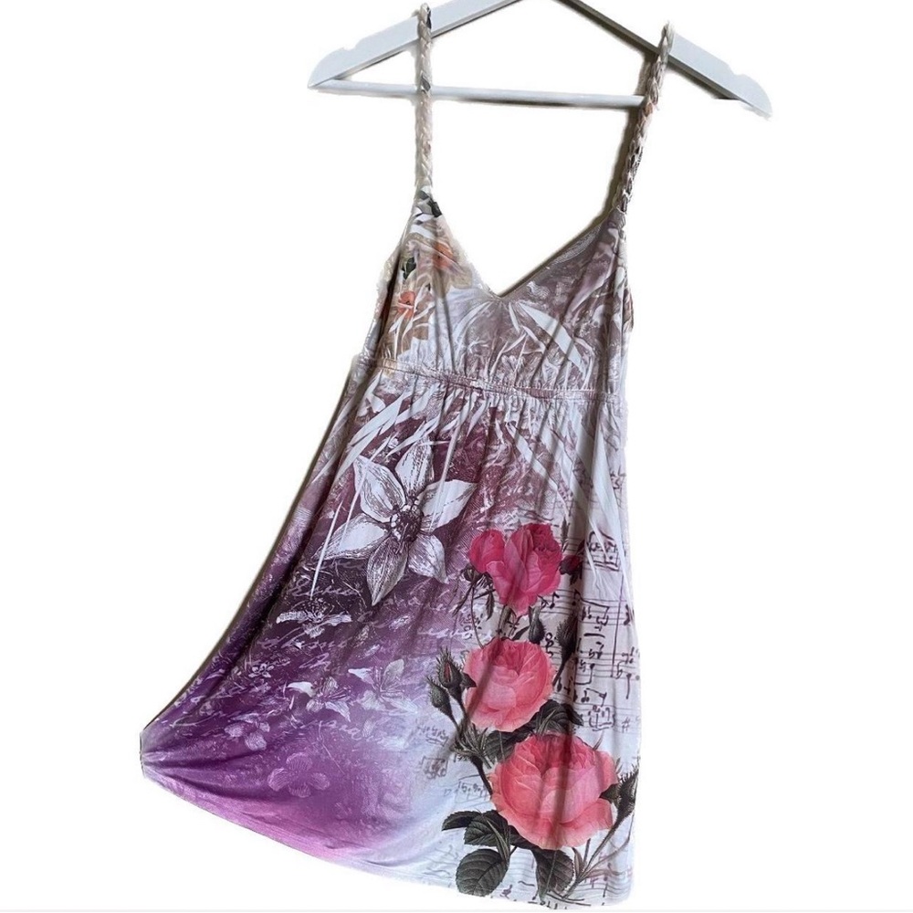 Purple Pink Ombre V Neck Floral Mini Dress
